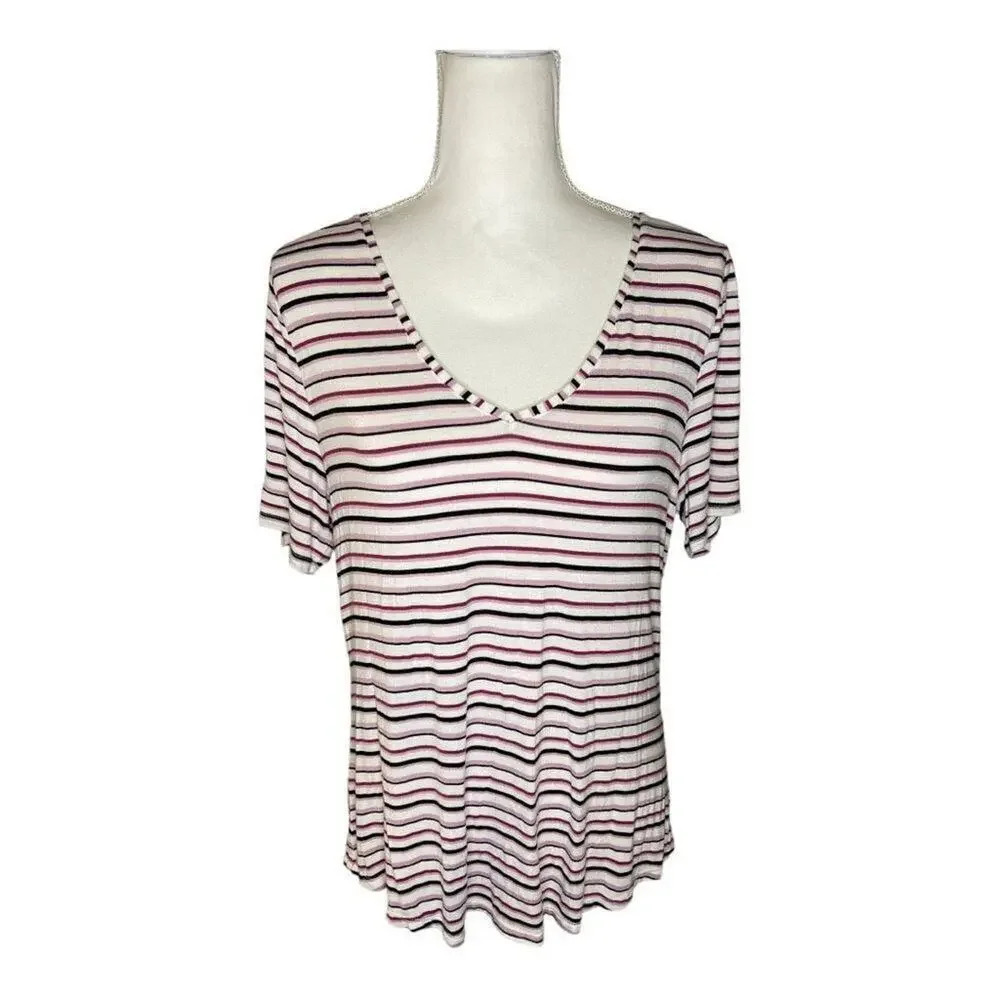 White House Black Market Women’s Large Pink & Black Striped V-Neck Soft Stretchy